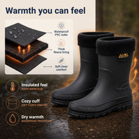 Insulated Rain Boots for Men - Waterproof Mid-Calf Boots - Fleece Lined
