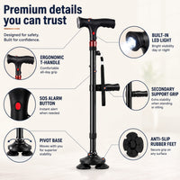 Walking Cane with Light - Folding Quad Cane with Pivot Base - SOS Alarm