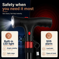 Walking Cane with Light - Folding Quad Cane with Pivot Base - SOS Alarm