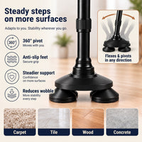 Walking Cane with Light - Folding Quad Cane with Pivot Base - SOS Alarm
