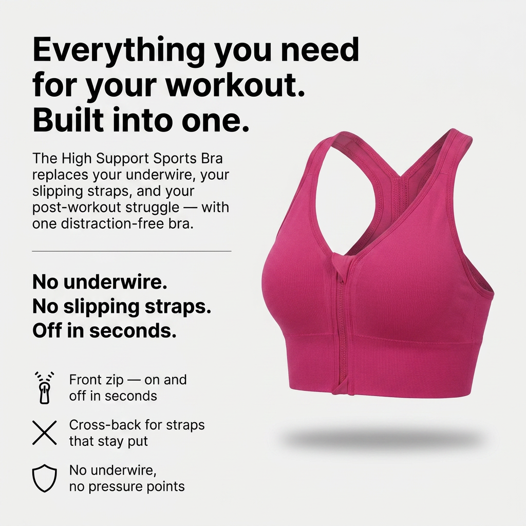 Women’s High Support Sports Bra - Front Zip - Cross-Back Design
