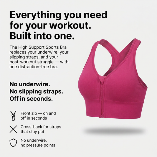 Women’s High Support Sports Bra - Front Zip - Cross-Back Design