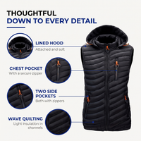 Men's Puffer Vest with Hood - Lightweight Quilted Warmth - Three Zip Pockets