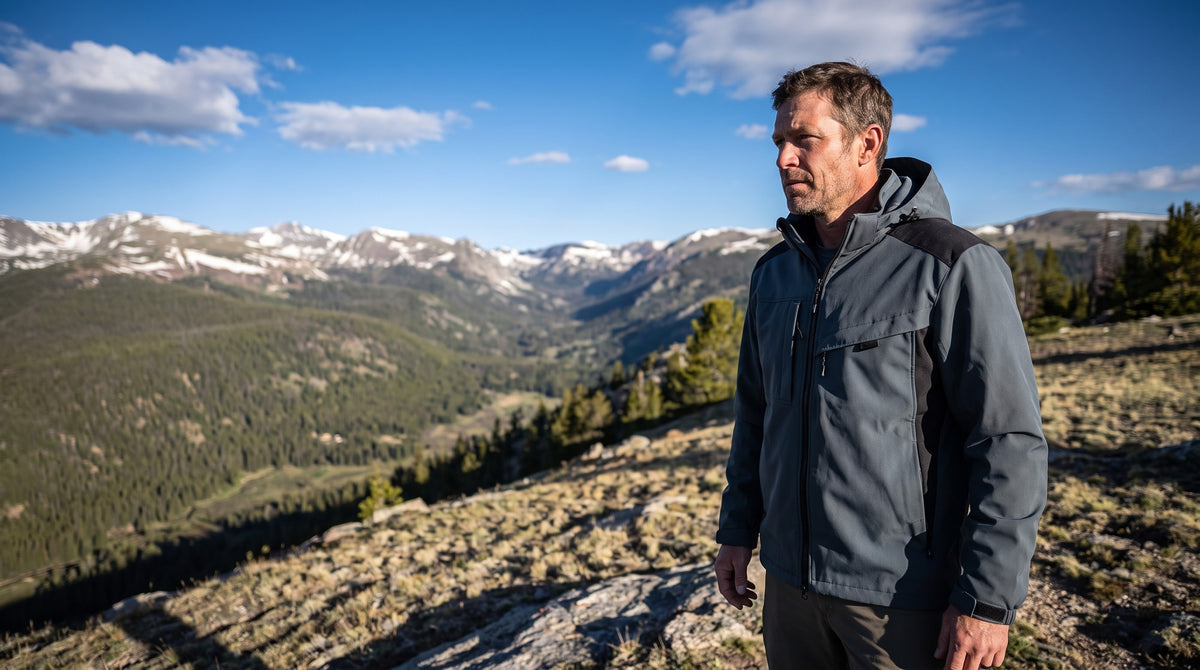 Hiker in a black 3-in-1 winter jacket on a ridge in the Rockies