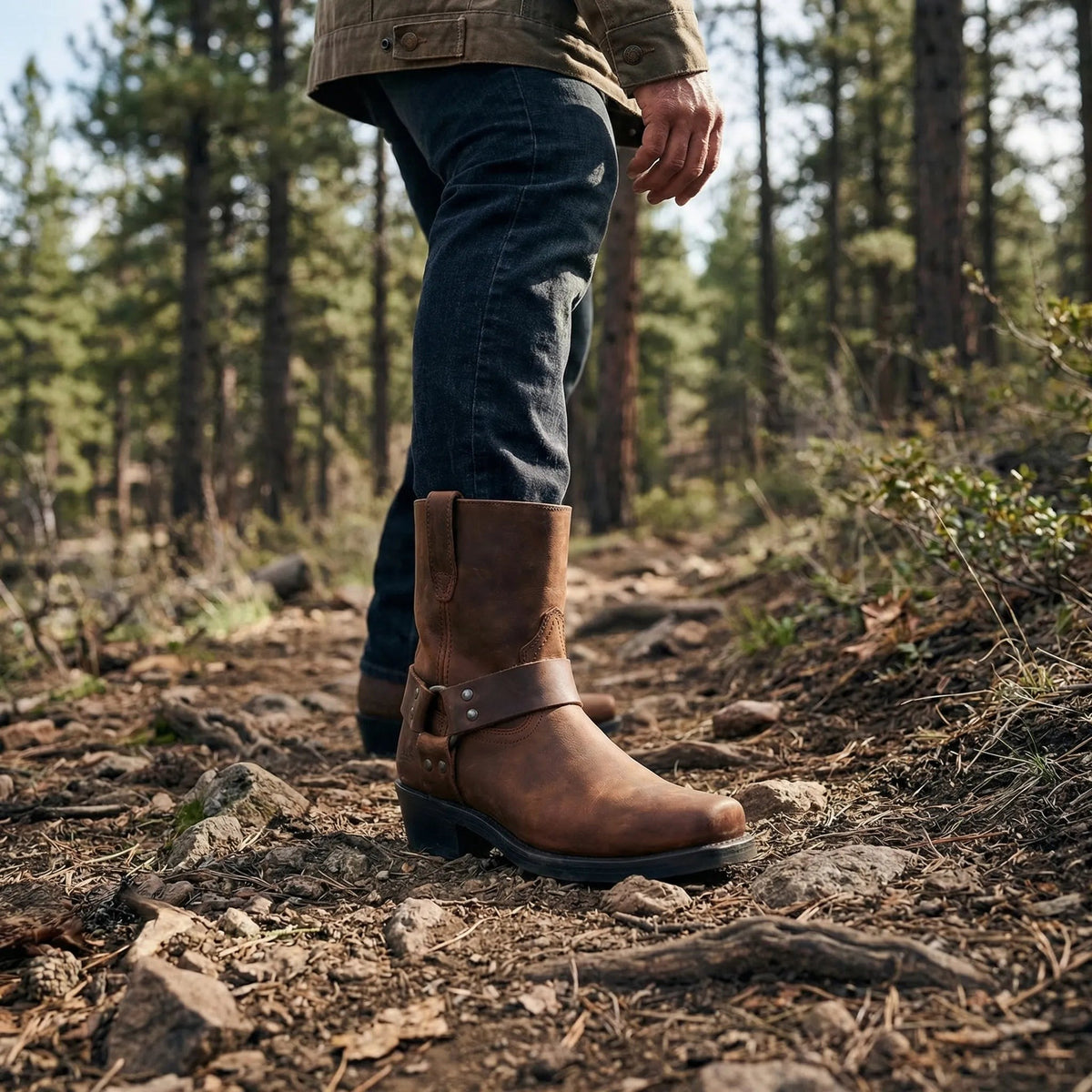 Men's Harness Boots - Short Western Boots - Slip-On with Buckle Strap