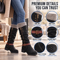 Womens Winter Boots - Knit Cuff Mid Calf Slouch Boots - Warm Lined Side Zip