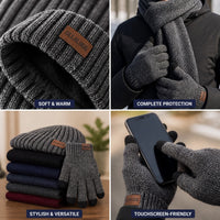 Mens Beanie Set - Winter Scarf & Touchscreen Gloves - Plush Lined Hat