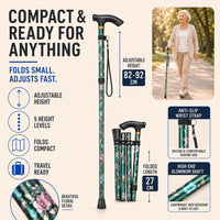 Walking Cane - Folding Floral Design - Folds to 10.6 in for Travel