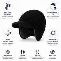 Beanie with Brim - Fleece Lined Winter Hat with Ear Flaps - Unisex