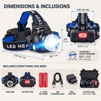 Rechargeable Headlamp - 1000 Lumen Zoom LED, 90° Tilt - IPX4 Waterproof