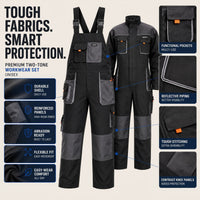 Work Coveralls - Long Sleeve or Bib Overall - Reinforced Knees & Pockets