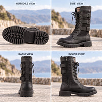 Mens Motorcycle Boots - Buckle Lace-Up with Inner Height Lift - Lug Sole