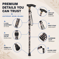 Walking Cane - Folding Floral Design - Folds to 10.6 in for Travel