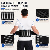 Lower Back Brace - 5 Steel Stays & Dual Pull Straps - Breathable Mesh