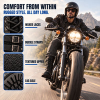 Mens Motorcycle Boots - Buckle Lace-Up with Inner Height Lift - Lug Sole