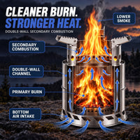 Portable Wood Burning Stove - Double-Wall Secondary Burn - No Gas Canisters