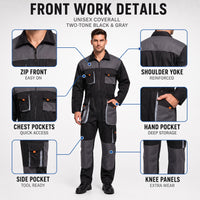 Work Coveralls - Long Sleeve or Bib Overall - Reinforced Knees & Pockets