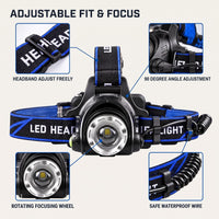 Rechargeable Headlamp - 1000 Lumen Zoom LED, 90° Tilt - IPX4 Waterproof