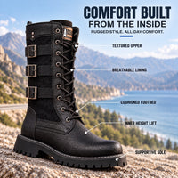 Mens Motorcycle Boots - Buckle Lace-Up with Inner Height Lift - Lug Sole