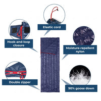 Down Sleeping Bag - Rectangular 90% Goose Down Bag - Rated to 14°F