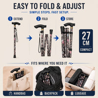 Walking Cane - Folding Floral Design - Folds to 10.6 in for Travel