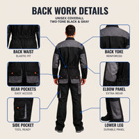 Work Coveralls - Long Sleeve or Bib Overall - Reinforced Knees & Pockets
