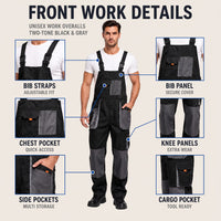 Work Coveralls - Long Sleeve or Bib Overall - Reinforced Knees & Pockets