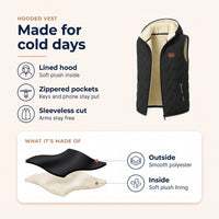 Mens Vest with Hood - Plush Lined Full Zip - Zippered Hand Pockets