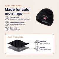 Mens Winter Hat - Plush Lined Knit Beanie - Norway Flag Embroidery