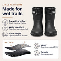 Rain Boots for Men & Women - Short Ankle Slip-On Wellies - Drawstring Top