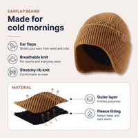 Beanie with Ear Flaps - Fleece Lined Winter Hat - Unisex Rib Knit