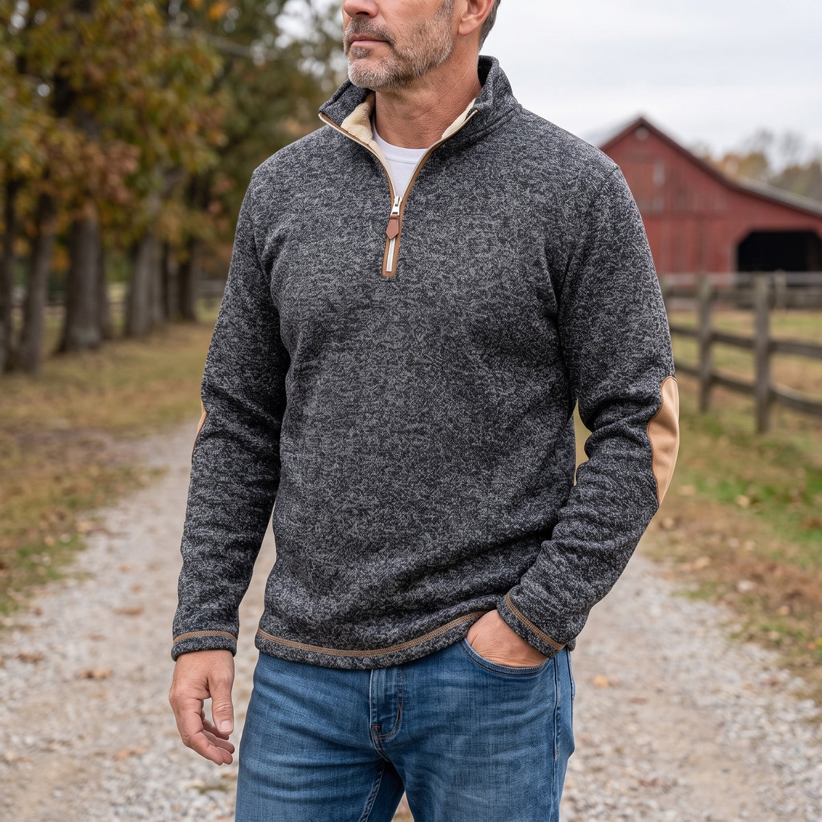 Quarter Zip Pullover Mens - Sherpa Lined Knit Sweater - Elbow Patches