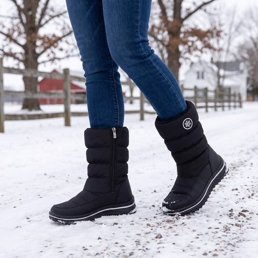 Women's winter boots in black on a snowy farm lane in winter