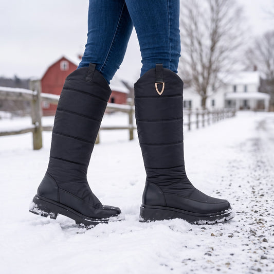 Womens winter boots in black with tall quilted shaft on a snowy Vermont country lane