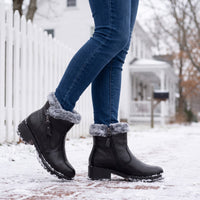 Womens Winter Boots - Plush Lined Ankle Boots - Block Heel & Side Zip