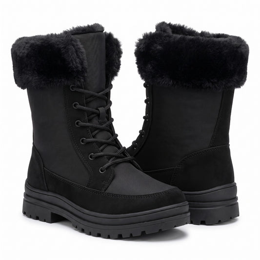 Women's snow boots in Black - product photo on white with plush collar and laces