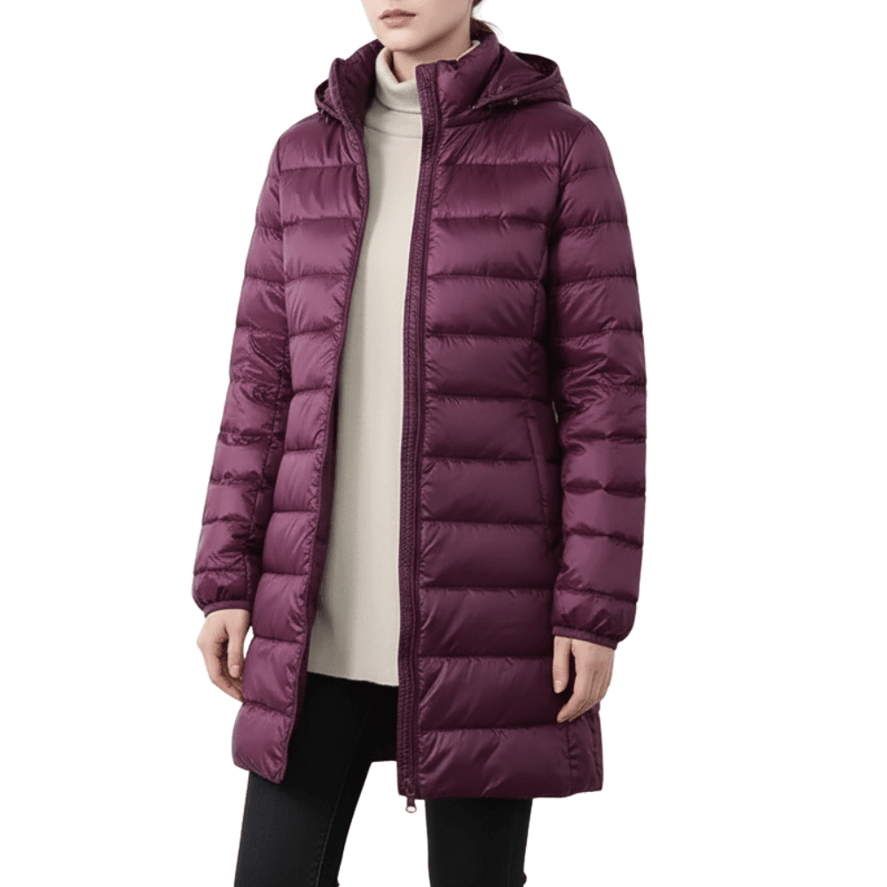 Womens Long Puffer Coat - Packable Down, Detachable Hood - Light & Warm