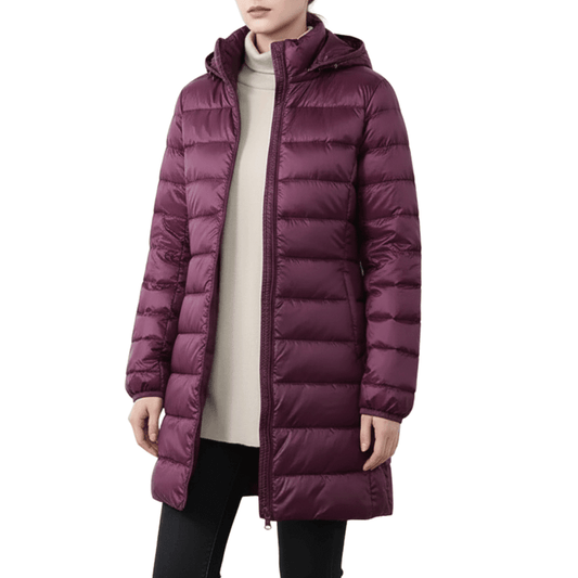 Womens Long Puffer Coat - Packable Down, Detachable Hood - Light & Warm