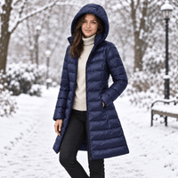 Womens Long Puffer Coat - Packable Down, Detachable Hood - Light & Warm