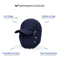 Windproof Trapper Hat with Ear Flaps and Face Mask - 3-in-1 Design