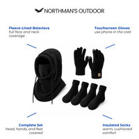 Winter Balaclava, Gloves & Socks Set - Fleece Lined - 3-4 Piece Set
