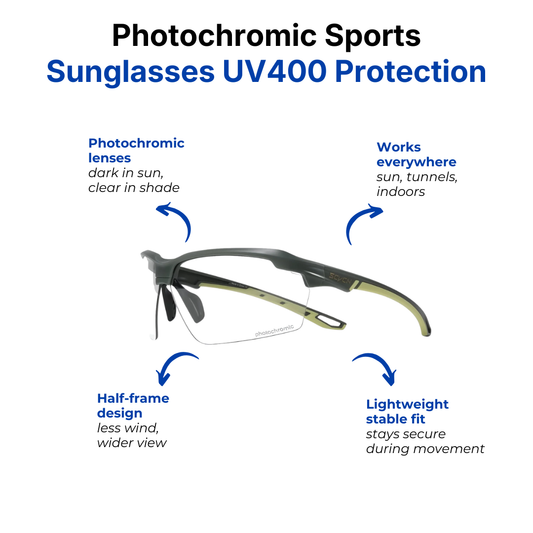 Photochromic Sports Sunglasses – UV400 Protection – Lightweight Half-Frame