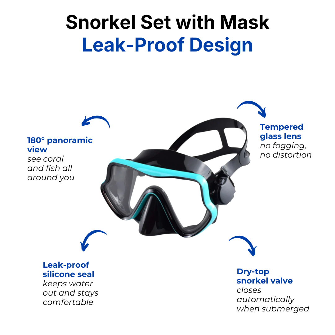 Snorkel Set with Mask - 180° HD View Tempered Glass - Leak-Proof