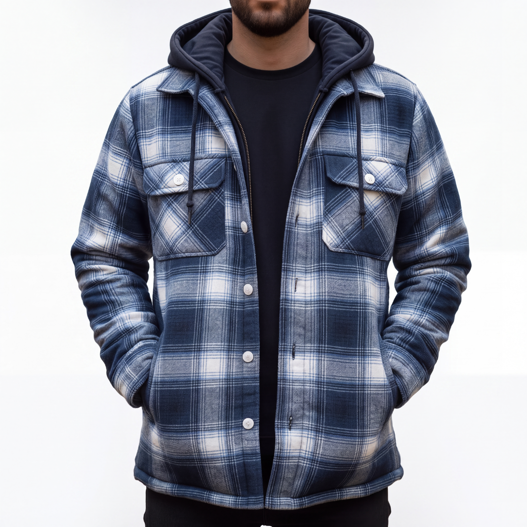Men's Flannel Jacket - Windproof & Quilted Lined - Hooded