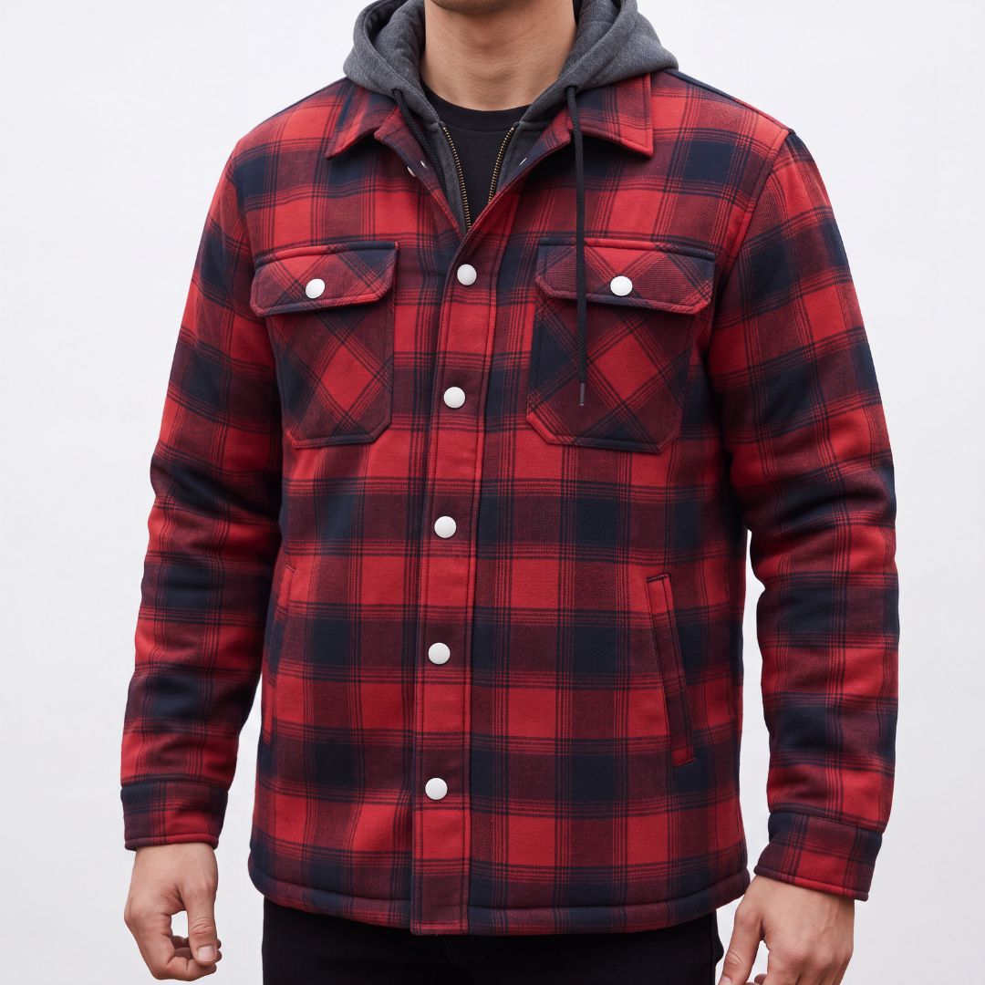 Men's Flannel Jacket - Windproof & Quilted Lined - Hooded