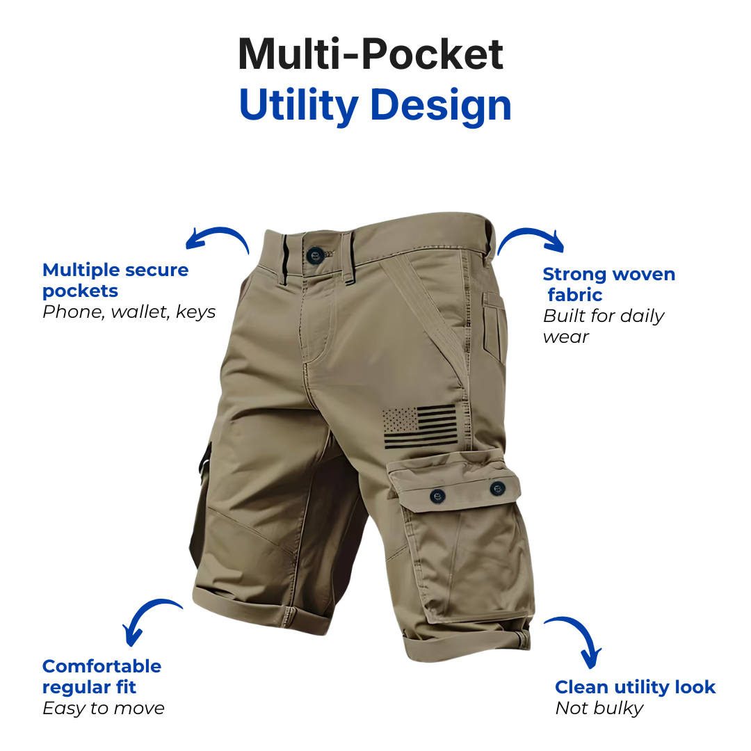 Men’s Utility Cargo Shorts – Multi-Pocket – US Flag Design