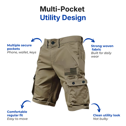 Men’s Utility Cargo Shorts – Multi-Pocket – US Flag Design