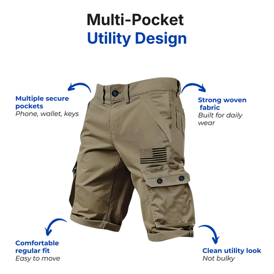 Men’s Utility Cargo Shorts – Multi-Pocket – US Flag Design