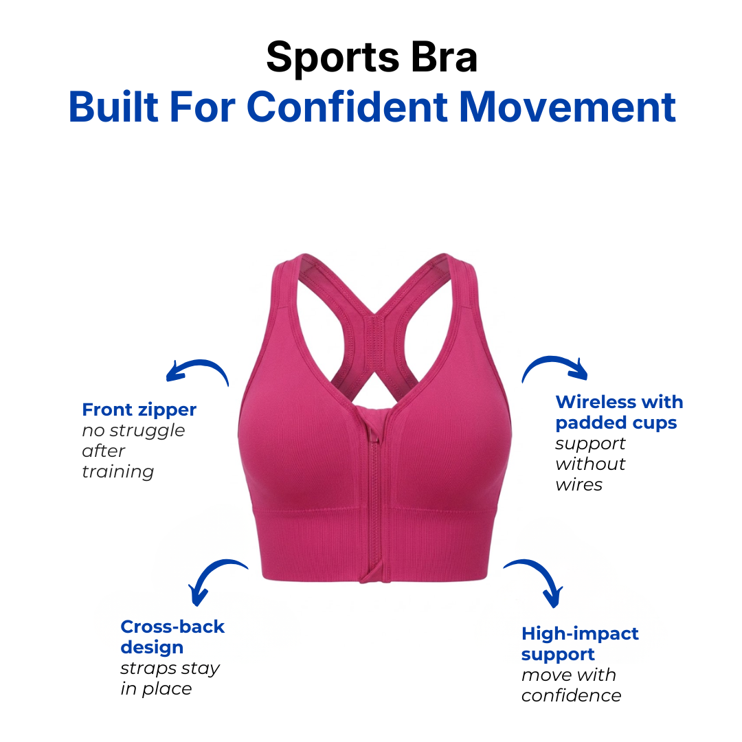 Women’s High Support Sports Bra - Front Zip - Cross-Back Design