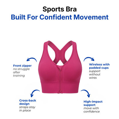 Women’s High Support Sports Bra - Front Zip - Cross-Back Design